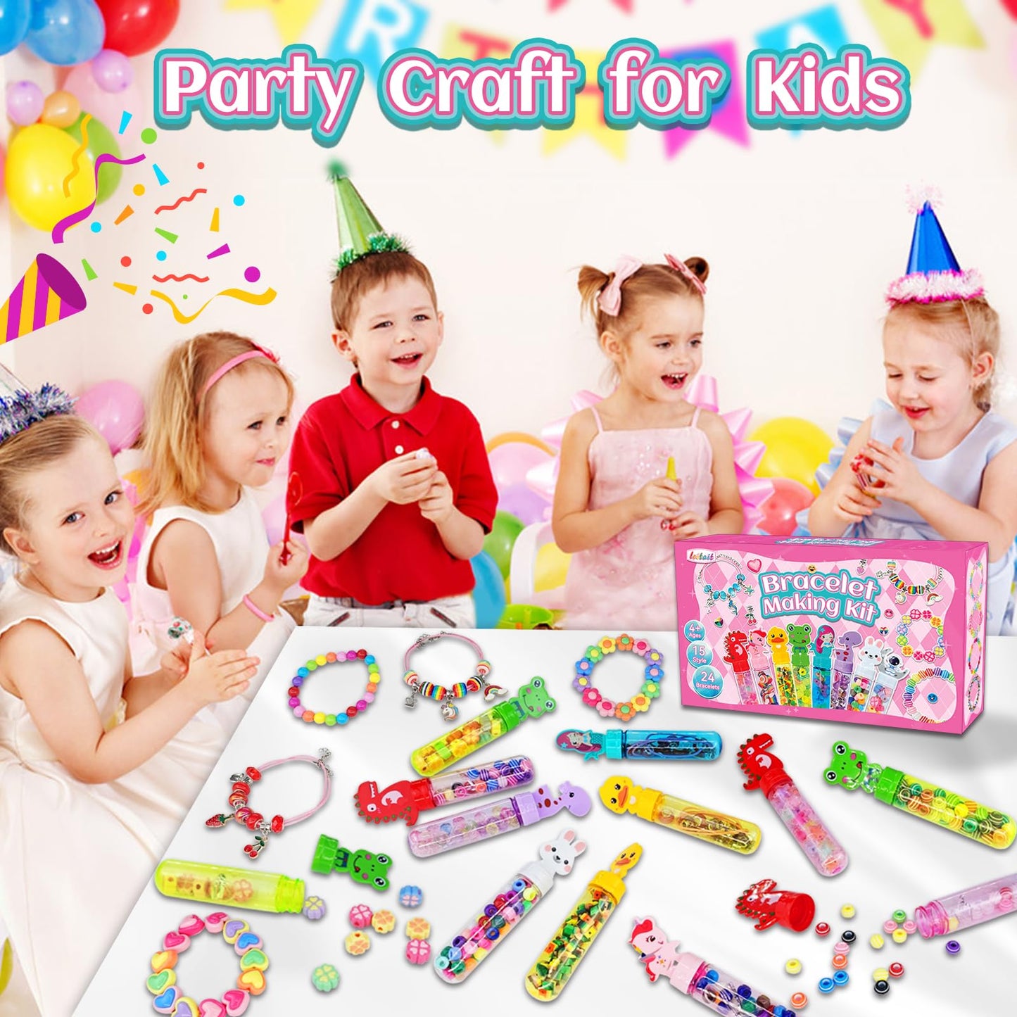 Leitait 24 Pack Colorful Plastic Charm Bracelet Making Kit, Small Arts & Crafts for Kids, Unicorn Party Favors, Gifts for Girls Ages 4-8