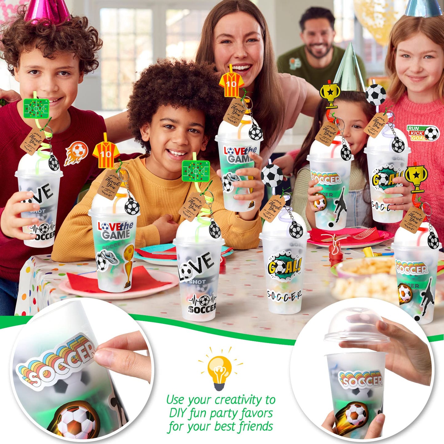 Weysat 268 Pcs Soccer Party Favors Sets for 24 People Birthday Gifts Goody Cups with Straws Key Chains Whistles Silicone Wristba