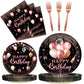 Kepeel 96 Pcs Rose Gold Birthday Plates And Napkins Party Supplies For Women Paper Pink Girls Glitter Happy Birthday Party Dispo