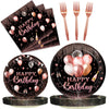 Kepeel 96 Pcs Rose Gold Birthday Plates And Napkins Party Supplies For Women Paper Pink Girls Glitter Happy Birthday Party Dispo