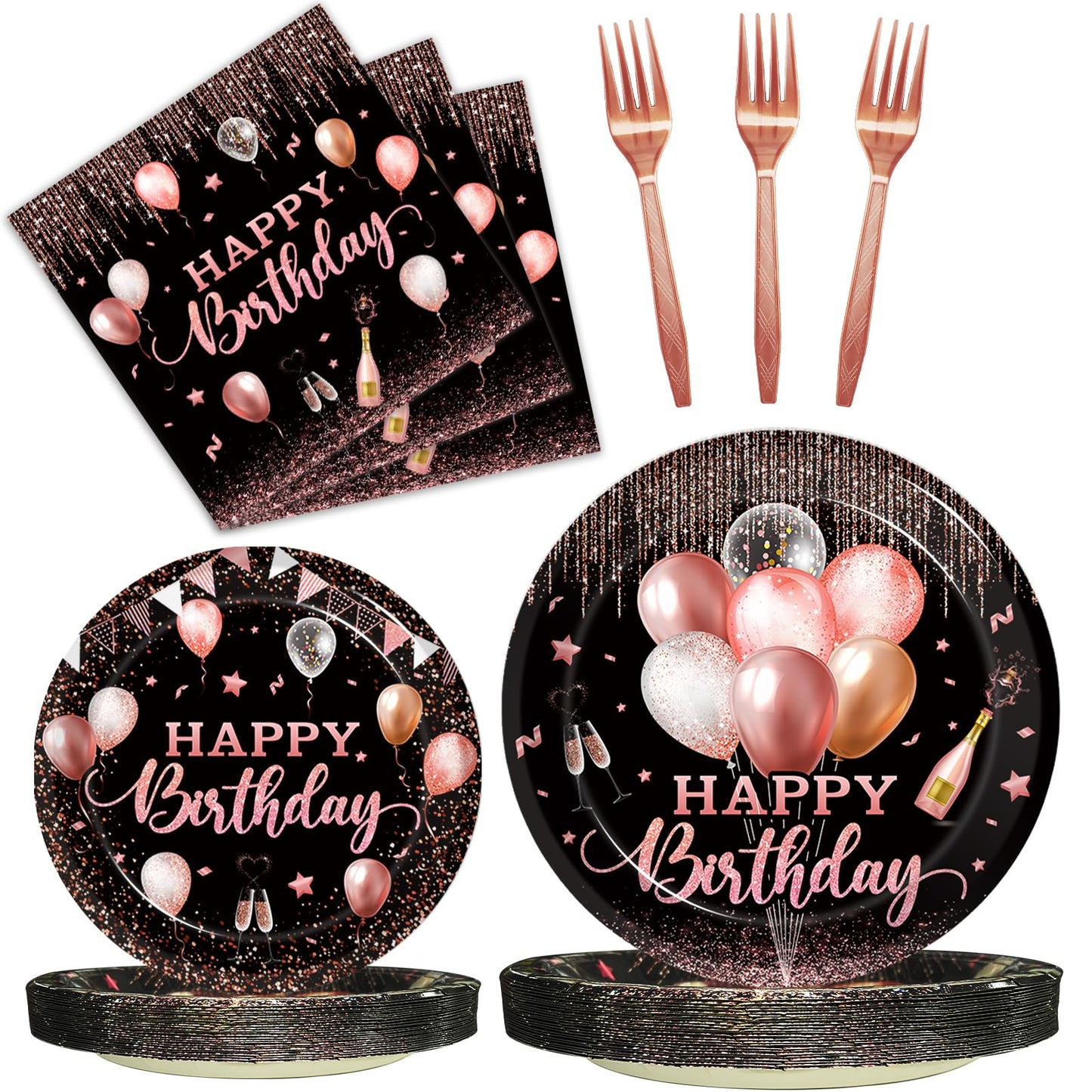 Kepeel 96 Pcs Rose Gold Birthday Plates And Napkins Party Supplies For Women Paper Pink Girls Glitter Happy Birthday Party Dispo