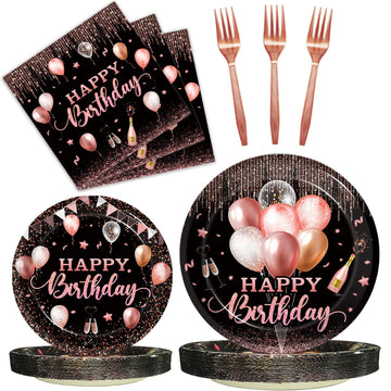 Kepeel 96 Pcs Rose Gold Birthday Plates And Napkins Party Supplies For Women Paper Pink Girls Glitter Happy Birthday Party Dispo