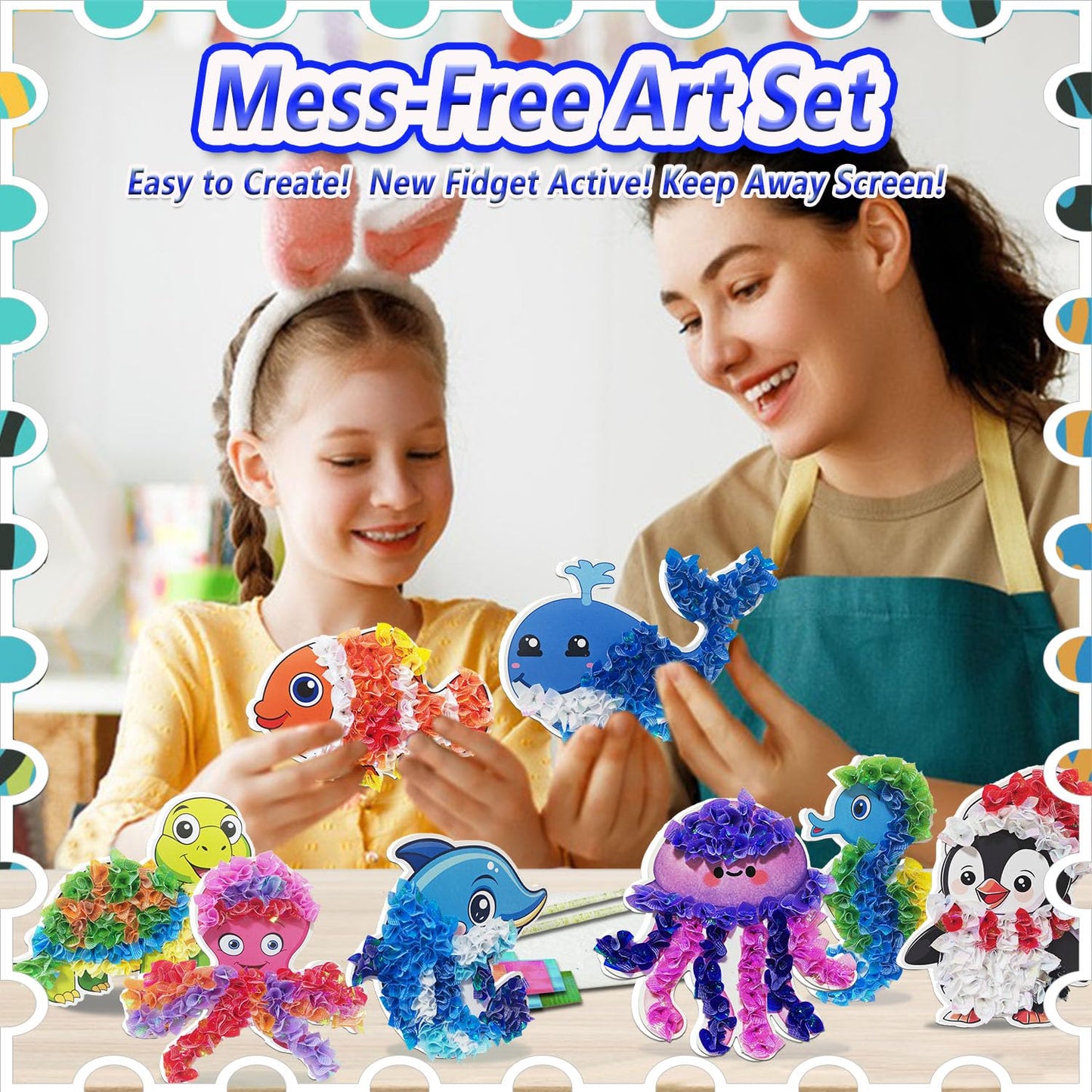 mom&myaboys Mess-Free Poke Art for Kids Ages 4-8 - Ocean Animals Craft Kit (8 Sea Creatures: Jellyfish, Dolphin, Turtle & More)
