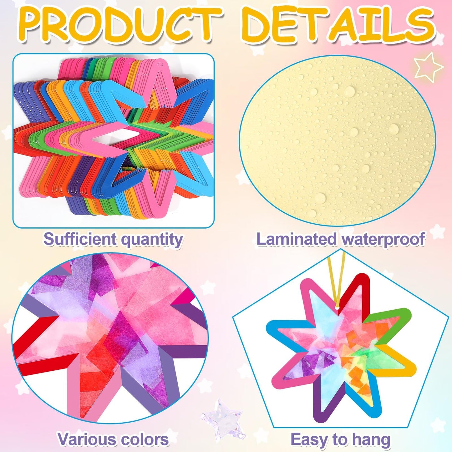 Qyeahkj 36 Set Summer Star Suncatchers Crafts for Kids DIY Star Window Tissue Paper Craft Kit Art Ornament Hanging Decor for Sch