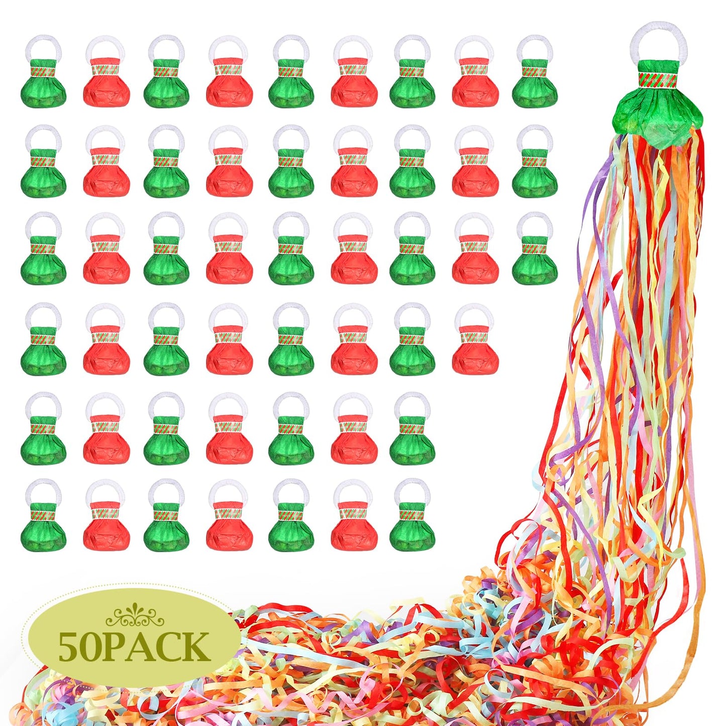 No Mess Streamers,50 Pack Romantic Colorful Christmas Confetti Poppers,Green Red Party Poppers For Birthday,Celebrations,holiday