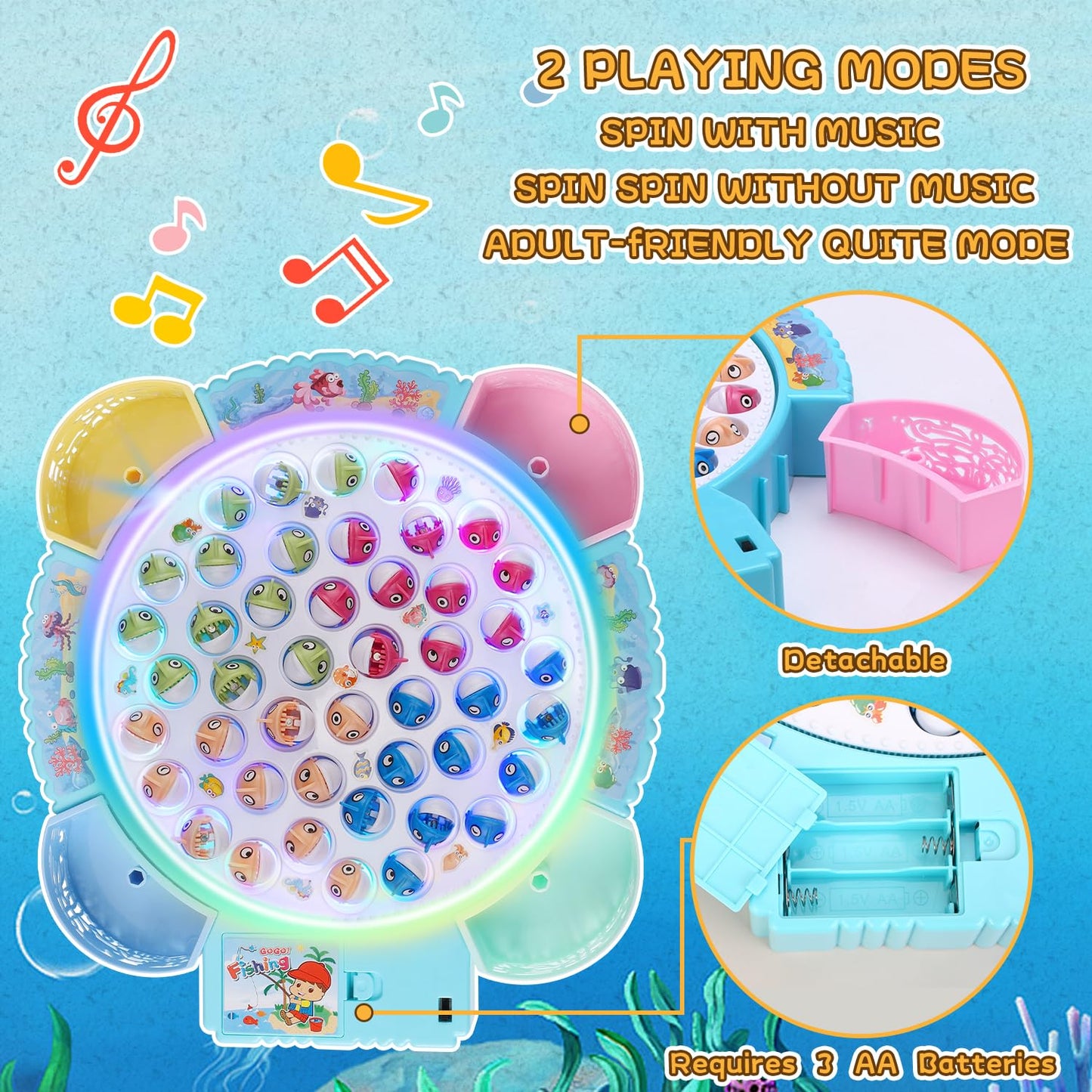Pakoo Light Up Fishing Game Toys, Rotating Board Game With Music Including 45 Fishes And 8 Fishing Poles, Party Game Toys For Kids Age 4 5 6 7 8 And Up