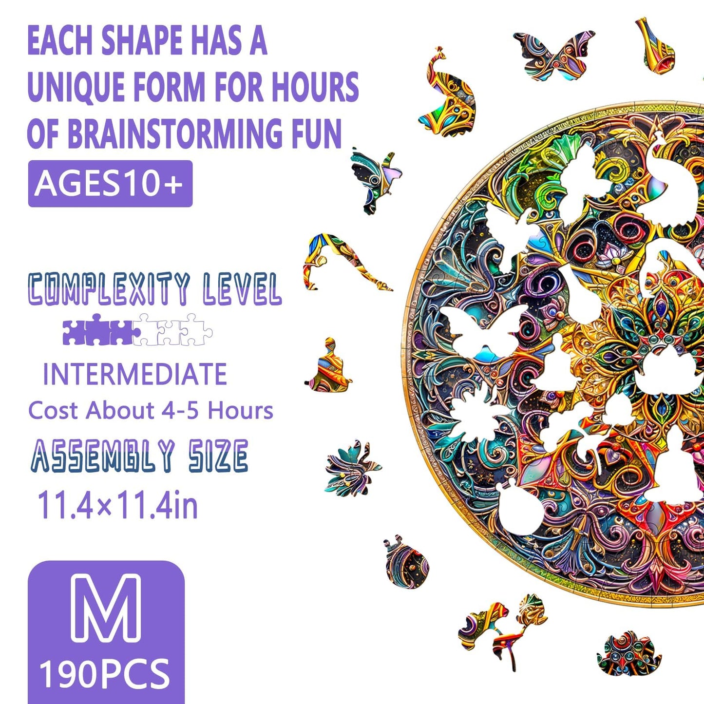 Wooden Puzzles for mature-themeds - Mandala Wooden Puzzle  Unique Dreamland Wooden Jigsaw Puzzles for mature-themeds  Wood Puzzles mature-themed  Perfect for Birthday Gift  Family Puzzles  190 Piece 11.4 x 11.4in