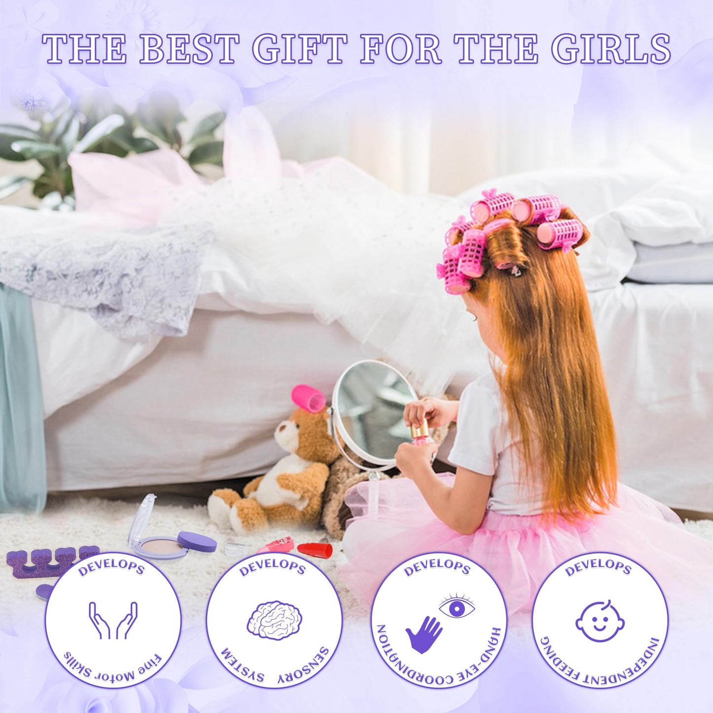 Mrabbitoo Kids Makeup Kit - 57 Pcs Non-Toxic Washable Toys for Girls Age 3-12, Light Purple
