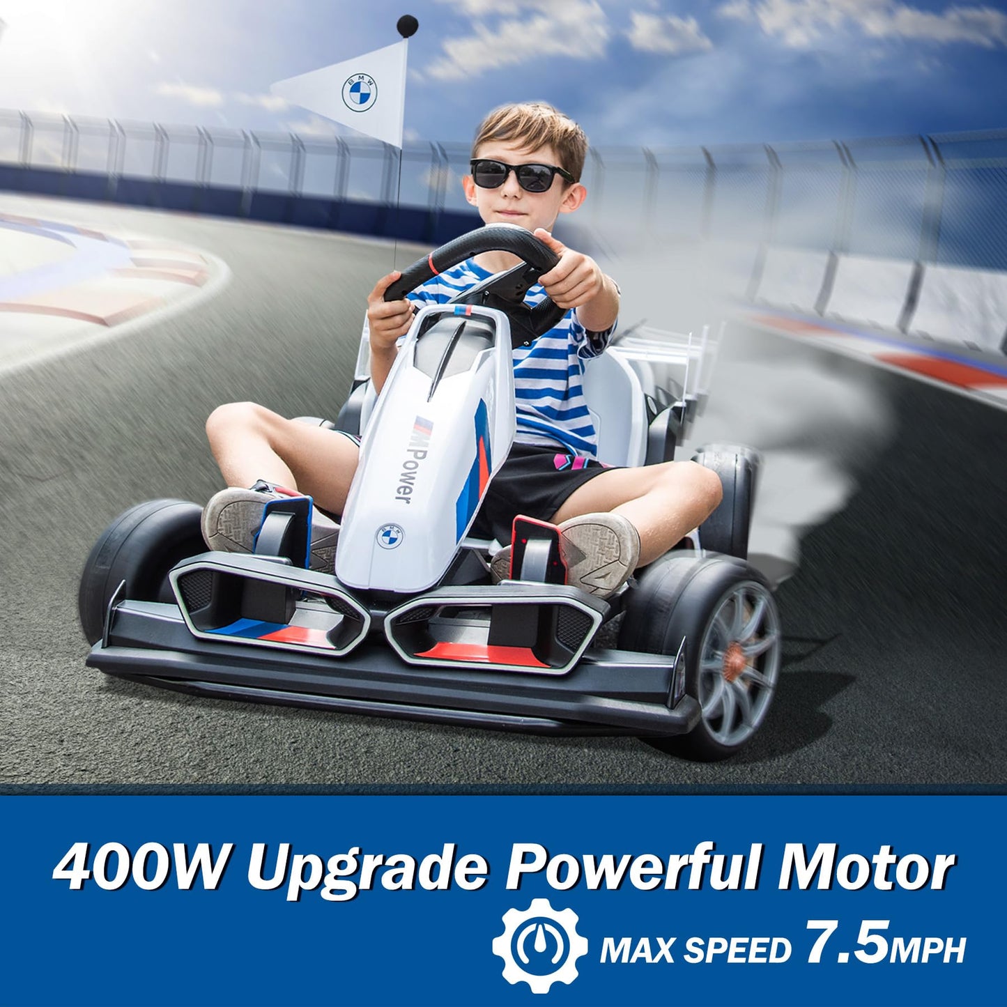 FORESEE 24V Licensed BMW Kids Electric Go Kart - Adjustable Seat, 7.5 MPH, Drifting, LED Lights, 132 lbs Capacity, for Ages 6+,