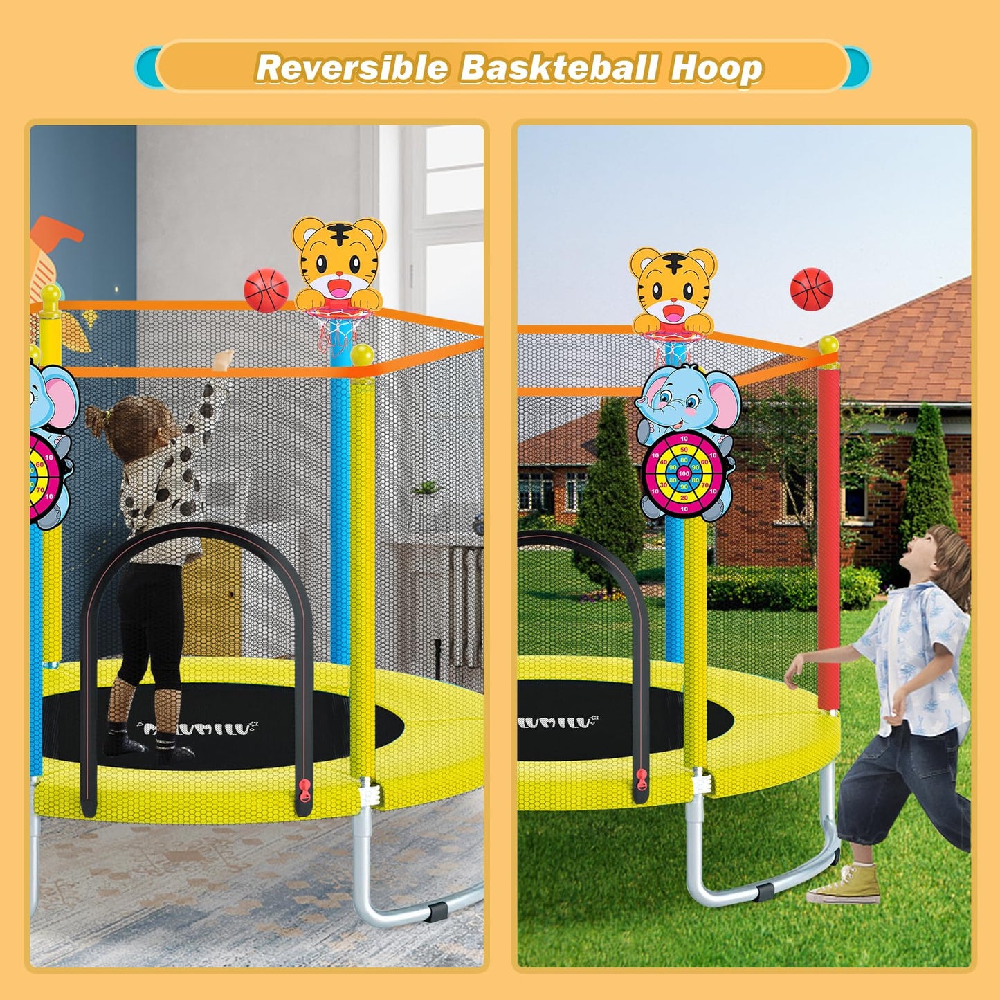 60 Indoor Outdoor Trampoline for Kids,MILUMILU Mini Baby Trampoline with Safety Enclosure Net, Basketball Hoop, Jumping Mat - Bi
