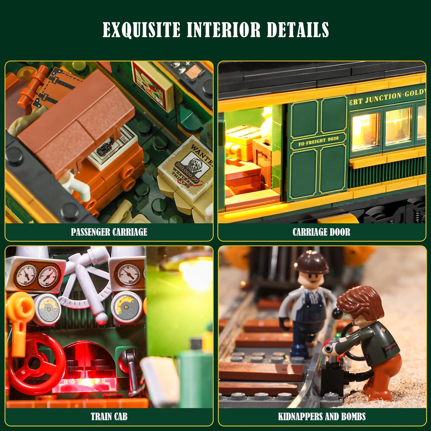 Funwhole Wild West Freight Train Lighting Building-Bricks Set - Classic 4-4-0 Locomotive Model 1524 Pcs Ideas Kit for mature-themed and Teens