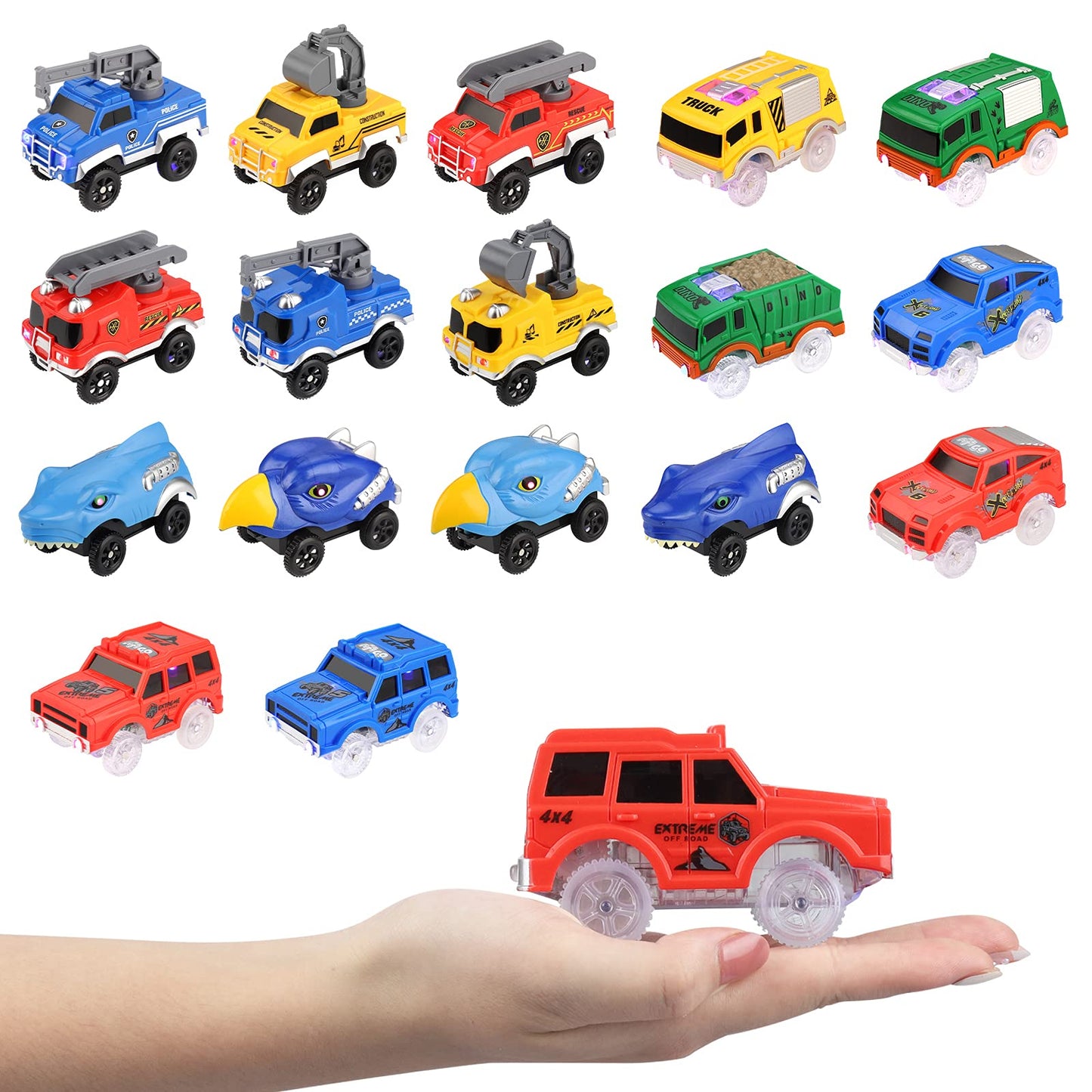 Tracks Cars Replacement only, Toy Cars for Magic Tracks Glow in the Dark, Racing Car Track Accessories with 5 Flashing LED Light