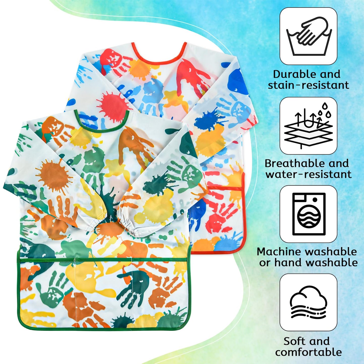 BOUBONI 2 Pcs Kids Art Smock Painting Toddler Smock Long Sleeve with 3 Pockets for Kids Art Painting Activity Kitchen Crafts (Re