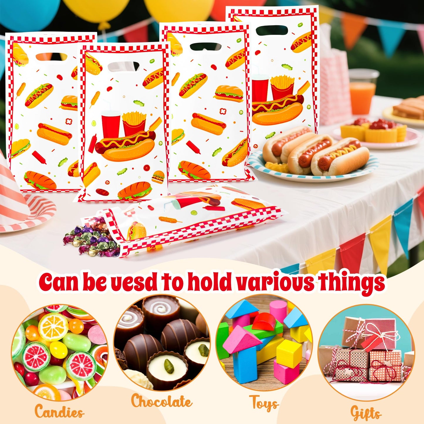 ArianQicult Hot Dog Party Favor Bag 50Pcs Delicious Food Themed Sweet Goody Candy Treat Gift Bags, Snacks Hotdog Pattern Design