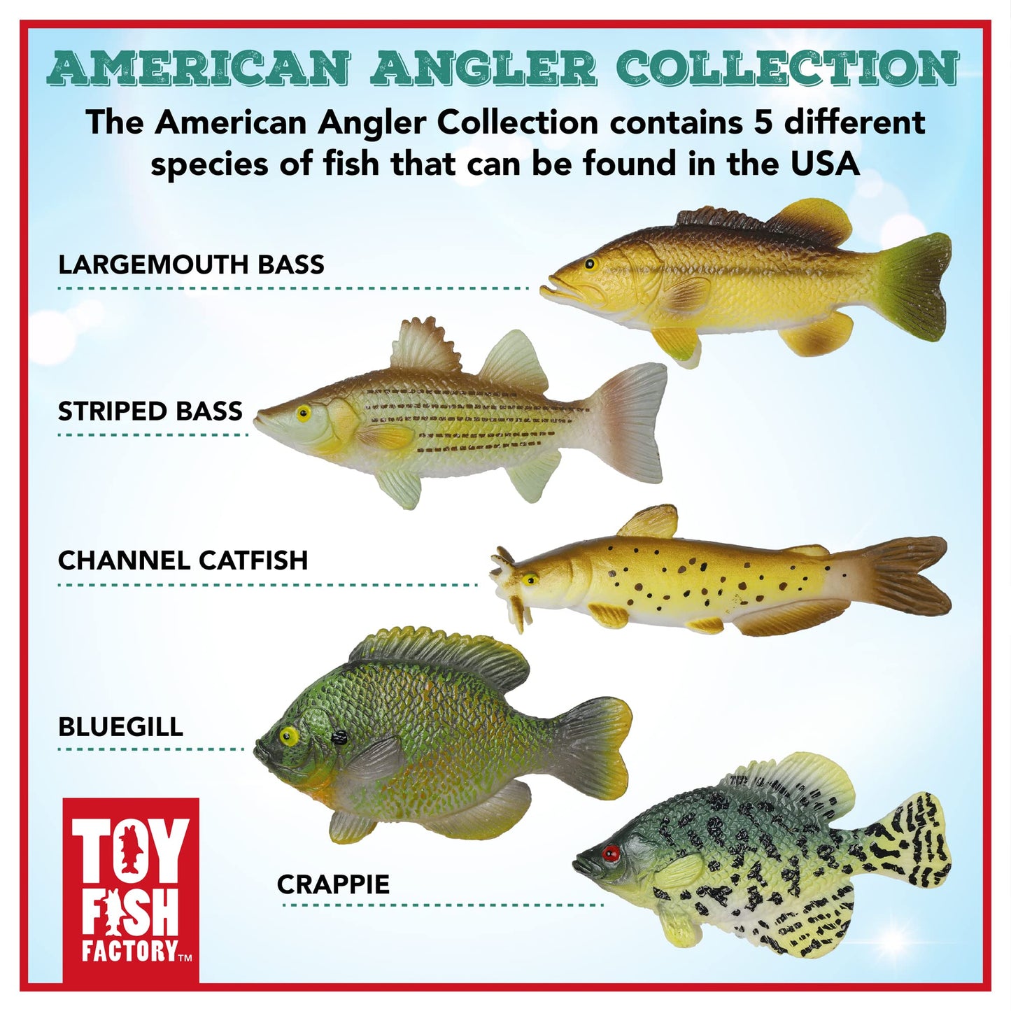 Toy Fish Factory American Angler Toy Fish Set - Miniature Largemouth Bass, Crappie, Bluegill, Catfish, Striped Bass - Multicolor, Plastic