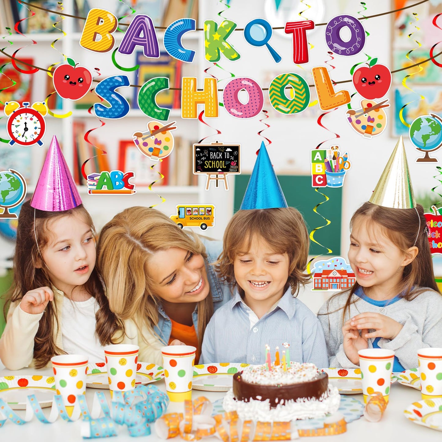 DTOFOOT Back to School Decorations, Welcome Back to School Banner and NO-DIY Hanging Swirls Foil Ceiling Streamers First Day of