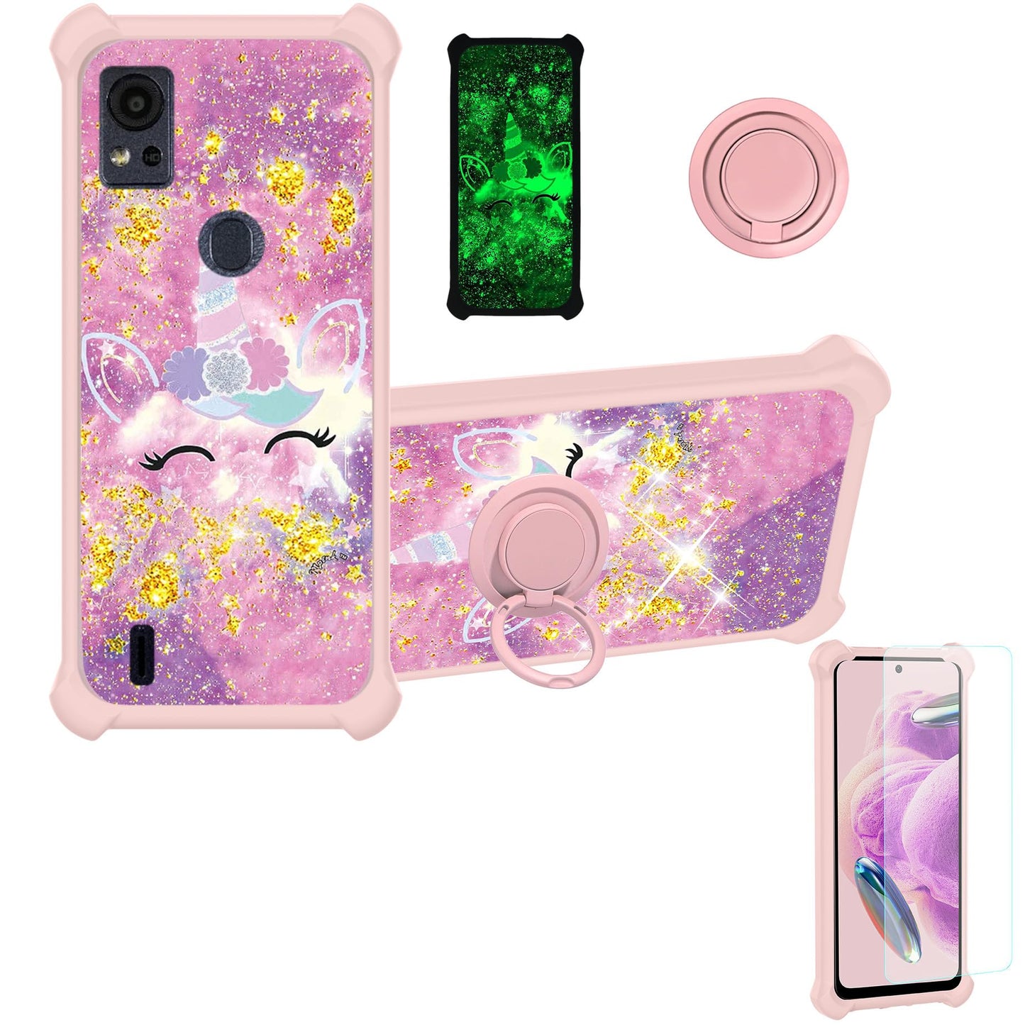 Cricket Icon 5 Phone Case Compatible With At&T Motivate 4 Phone Case Cover [With Tempered Glass Screen Protector][Pc + Tpu 2 In 1][Ring Support] [Gold Glitter+Luminous] Jsf-Djs