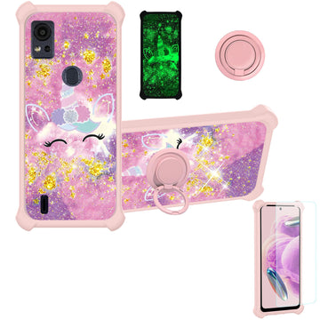 Cricket Icon 5 Phone Case Compatible With At&T Motivate 4 Phone Case Cover [With Tempered Glass Screen Protector][Pc + Tpu 2 In 1][Ring Support] [Gold Glitter+Luminous] Jsf-Djs