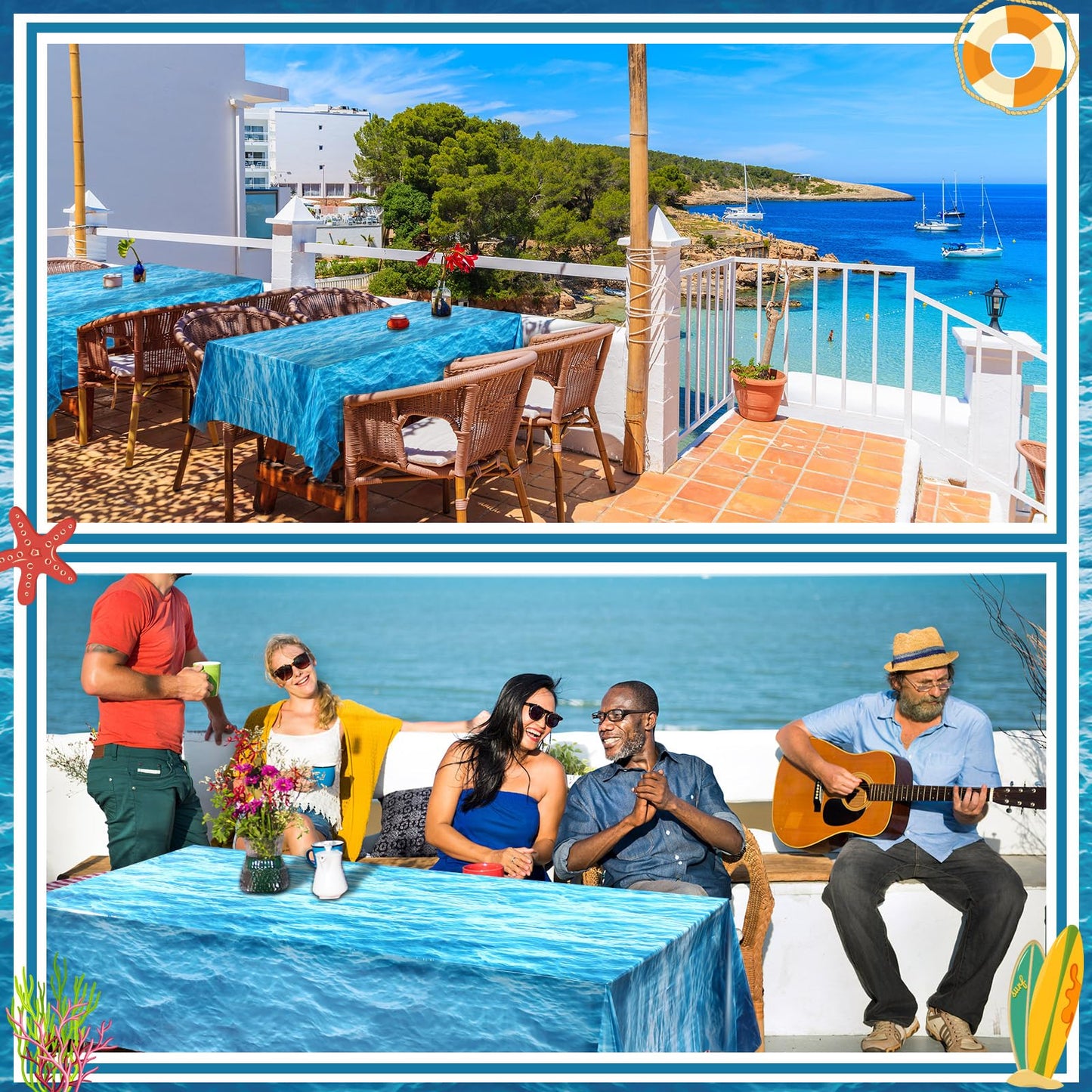 Irenare 1 Roll Ocean Waves Plastic Tablecloth Ocean Table Cover Water Print Table Cover Ocean Sea Tablecloth Blue For Beach Pool Birthday Party Decoration Shower Supplies (54 Inch X 100Ft)