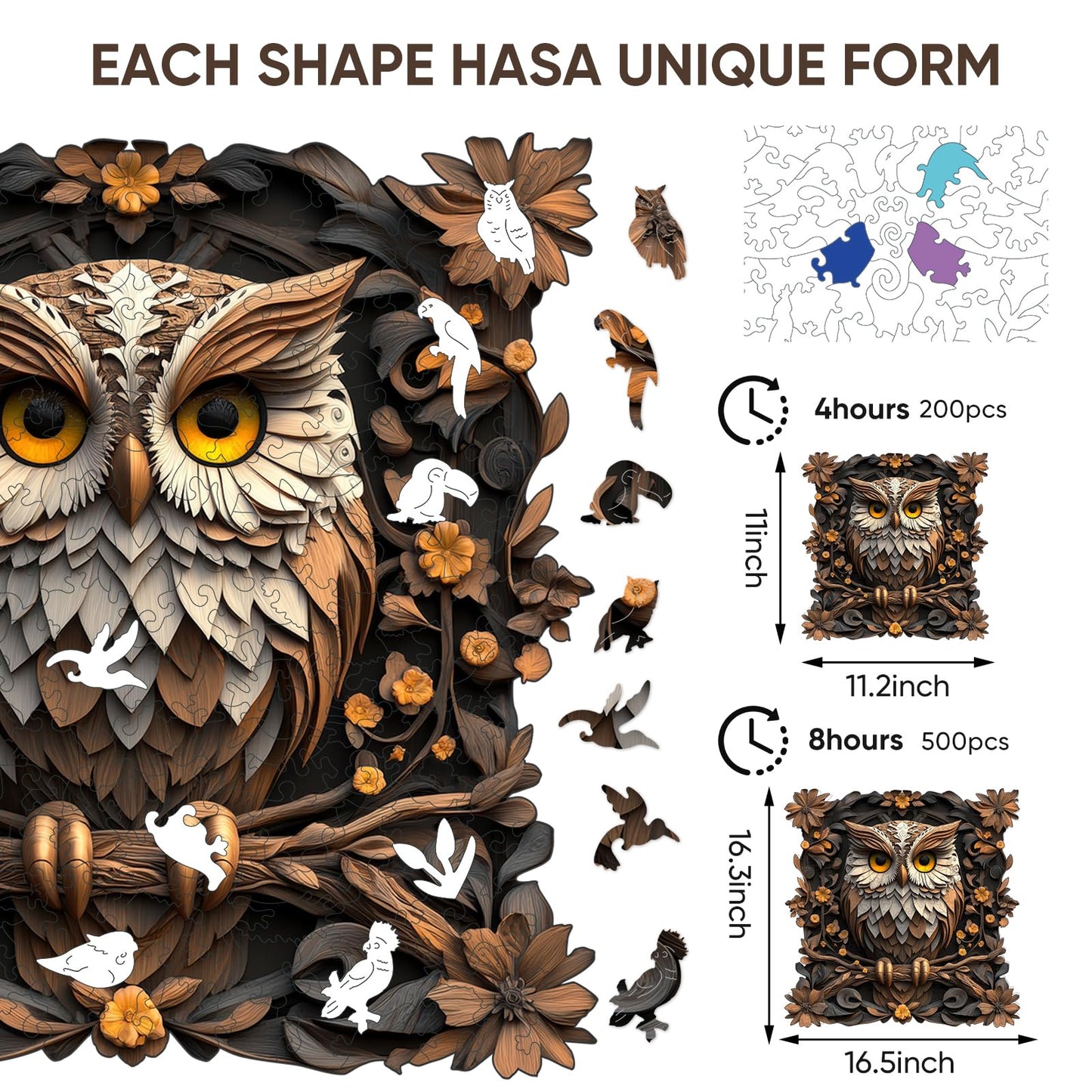 Qiuenisray Wooden Puzzles for mature-themeds 500 Pieces  Metal Owl Jigsaw Puzzles  Unique Shape mature-themed Puzzles  Irregular Christmas Thanksgiving Gifts for Family Friend(16.5 x 16.3 in)