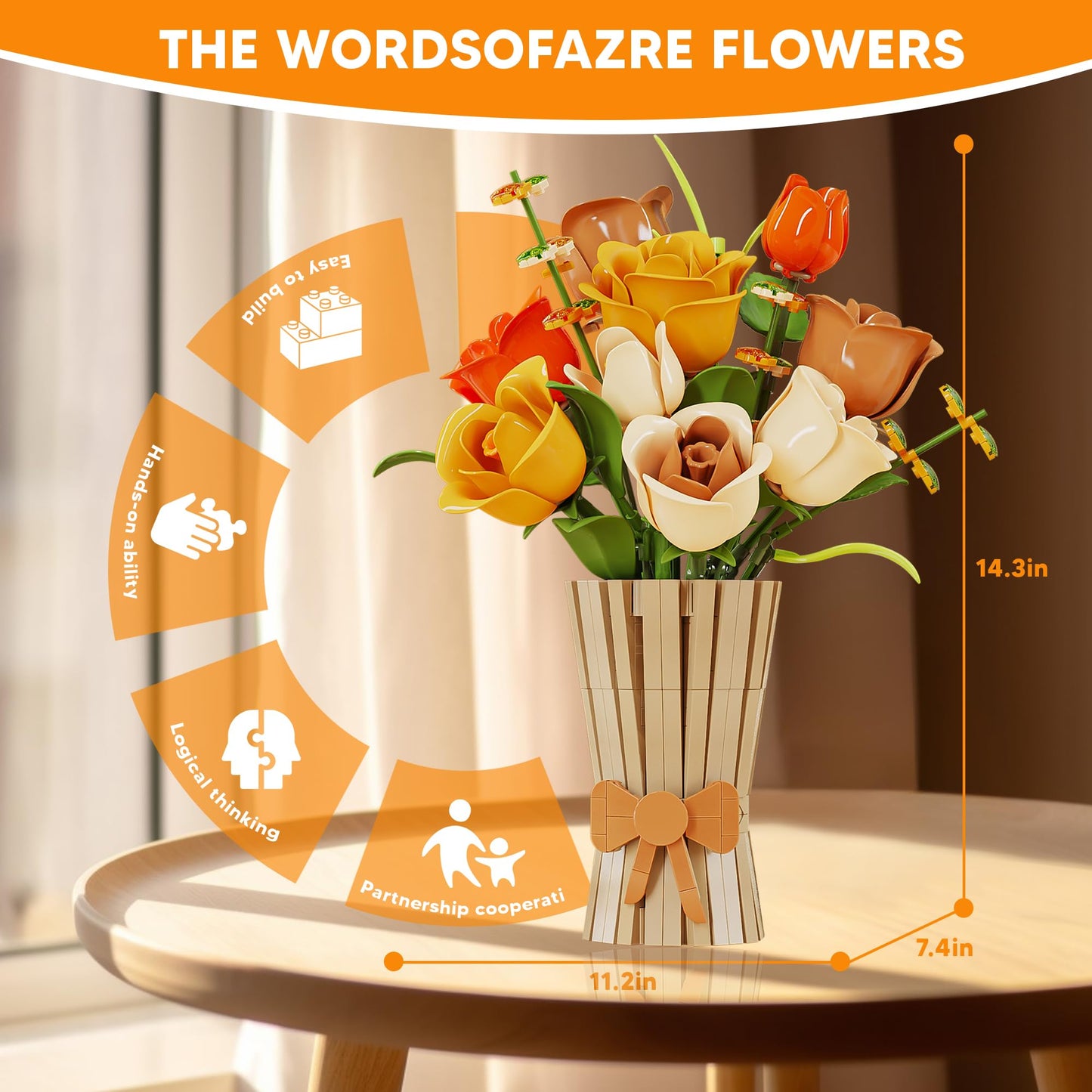 Chanbrick Roses Building Set Flowers Bouquet With Vase Botanical Collection For Adults -868Pcs