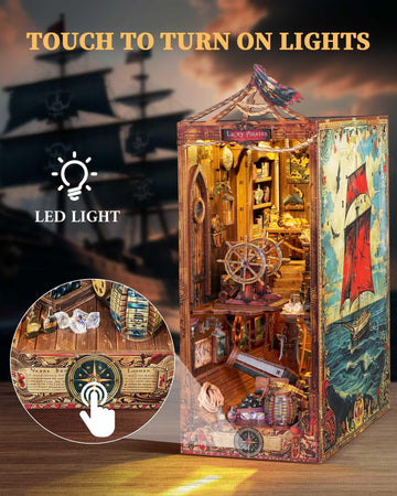 Diy Book Nook Kit - Pirate 3D Wooden Miniature Puzzles With Led Light Dollhouse Model Craft Kits For Adults Bookshelf Insert Dec