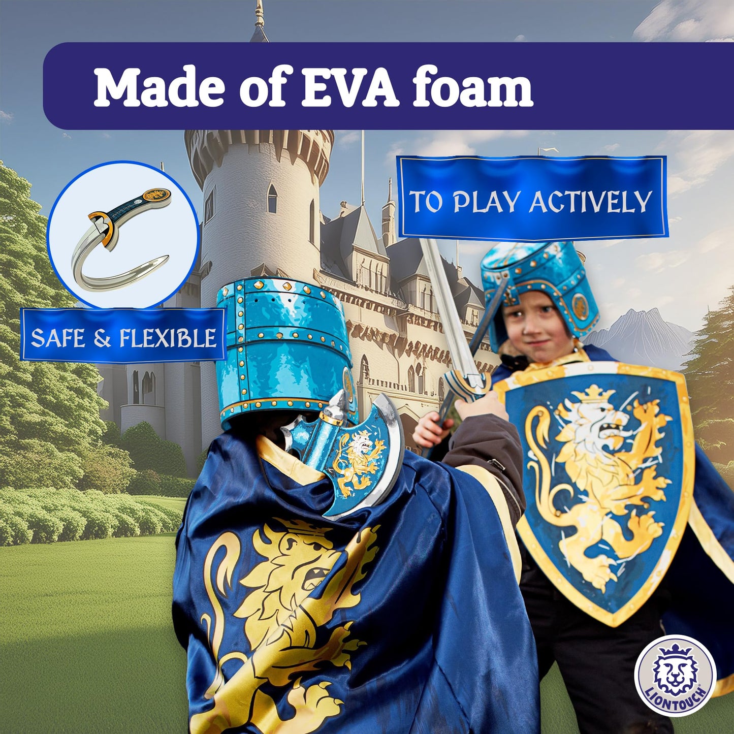 Liontouch - Noble Knight Toy decorative replica blade  Shield & Axe  Blue | Medieval Pretend Play Set in Foam for Children with Golden Lion Theme | Safe  & Combat Accessories for Dress Up & Costumes for Boys