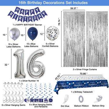16Th Birthday Decorations For Boys And Girls Blue Silver, Happy 16Th Birthday Decorations Banner Birthday Balloons Number 16 Tab