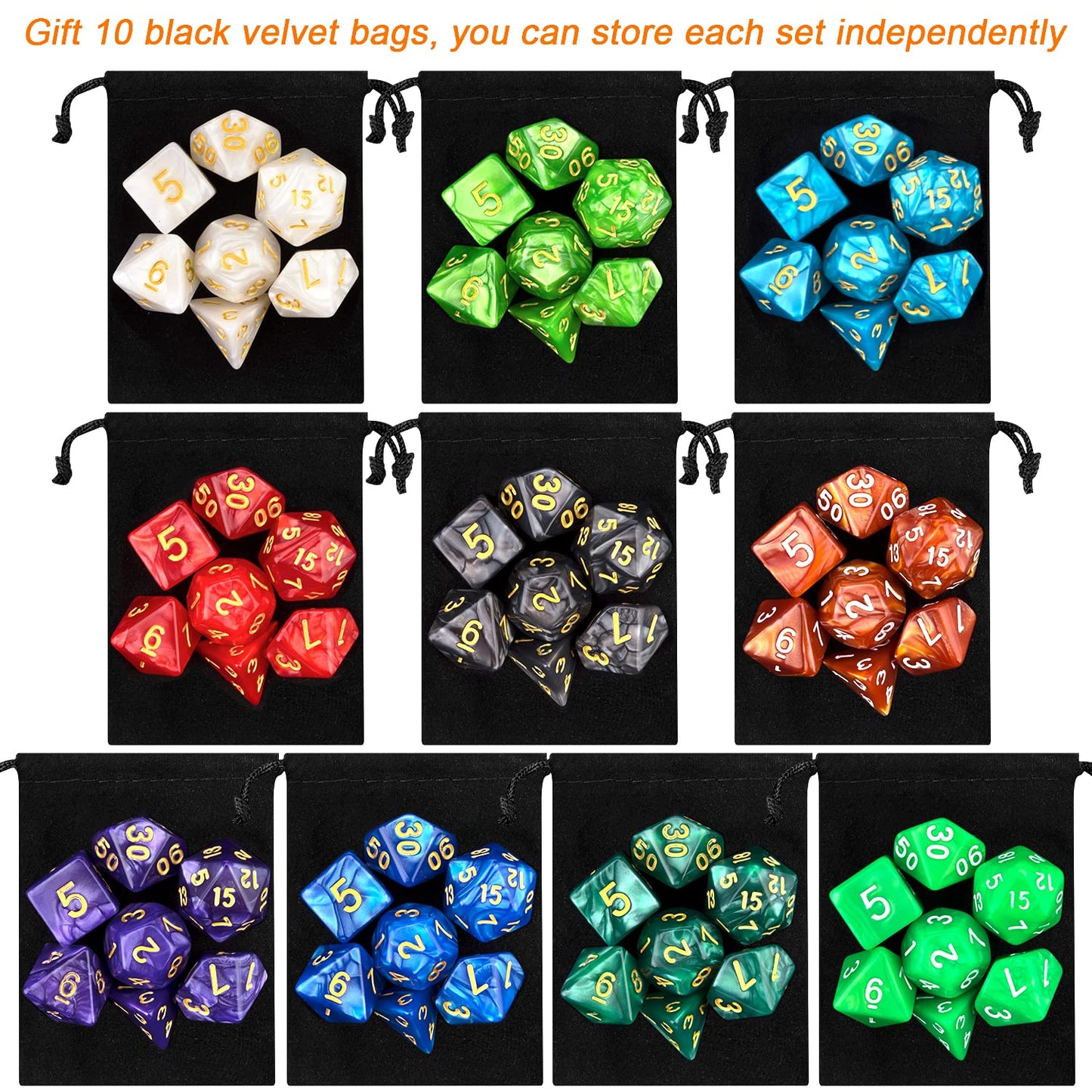 10 X 7 Polyhedral Dice Set (70 Pieces) for Dungeons and Dragons DND RPG MTG Table Games D4 D6 D8 D10 D% D12 D20 with 10 Pack Bla