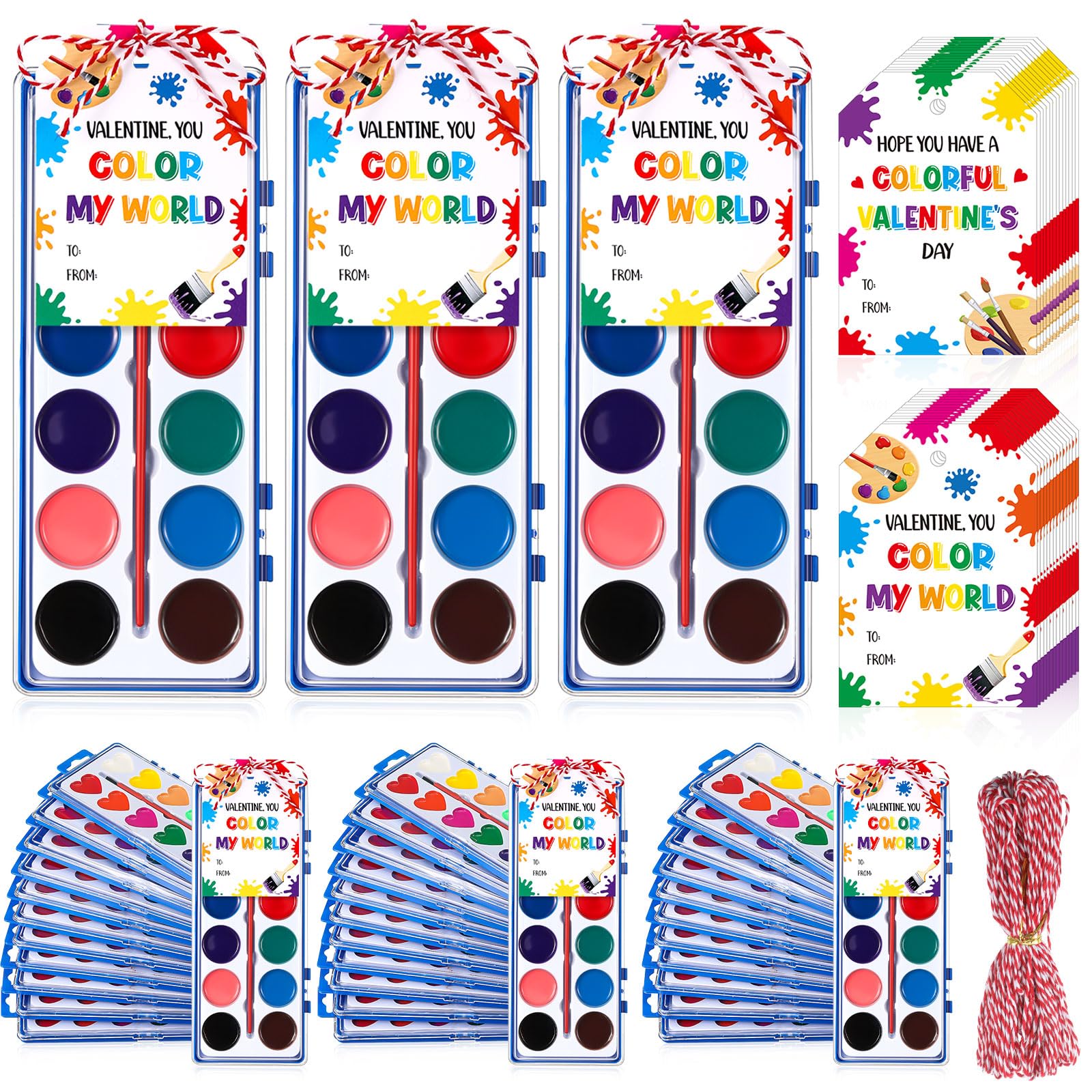 Sabary 18 Pack Valentines Day Watercolor Paint Sets Gifts Washable Watercolor Paintings with Card and 20 Meters Red Rope for Art