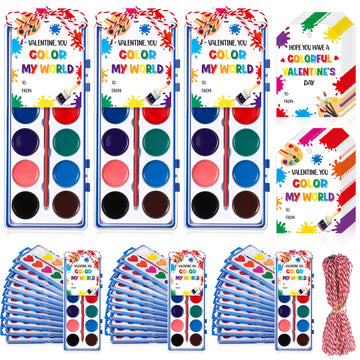 Sabary 18 Pack Valentines Day Watercolor Paint Sets Gifts Washable Watercolor Paintings with Card and 20 Meters Red Rope for Art