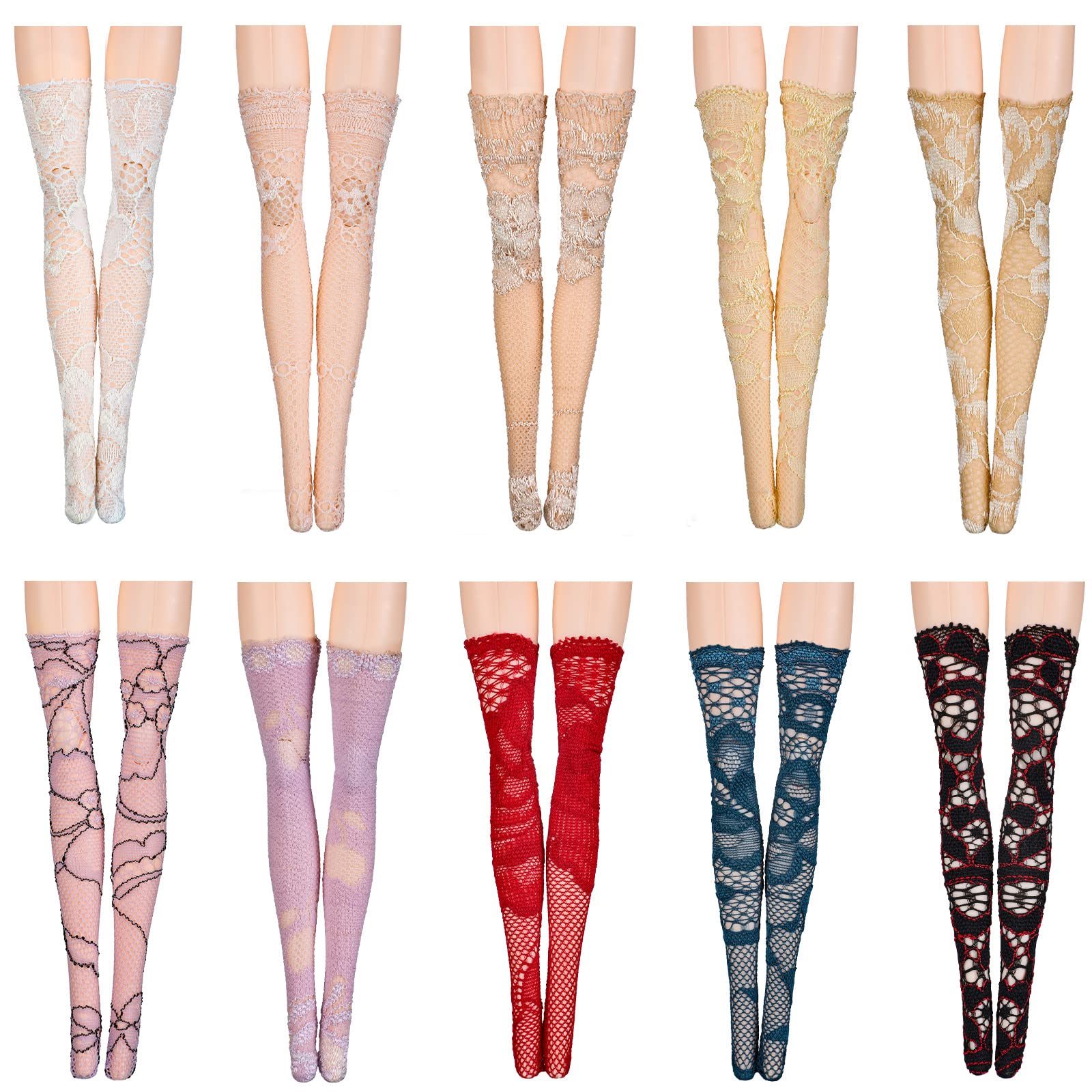Sotiff 10 Pairs Doll Lace Stockings Handmade Long Sock Christmas Doll Accessories Legging For Diy Clothes Toy(Classic Style)