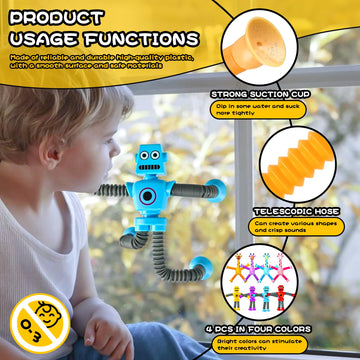 Cheslicr Autism Sensory Toys For Kid Boys Year Old Ages 4 5 6 7 8 9 10(4Pcs), Suction Robot Toy Pop Tube Fidget Toys Autistic Tr