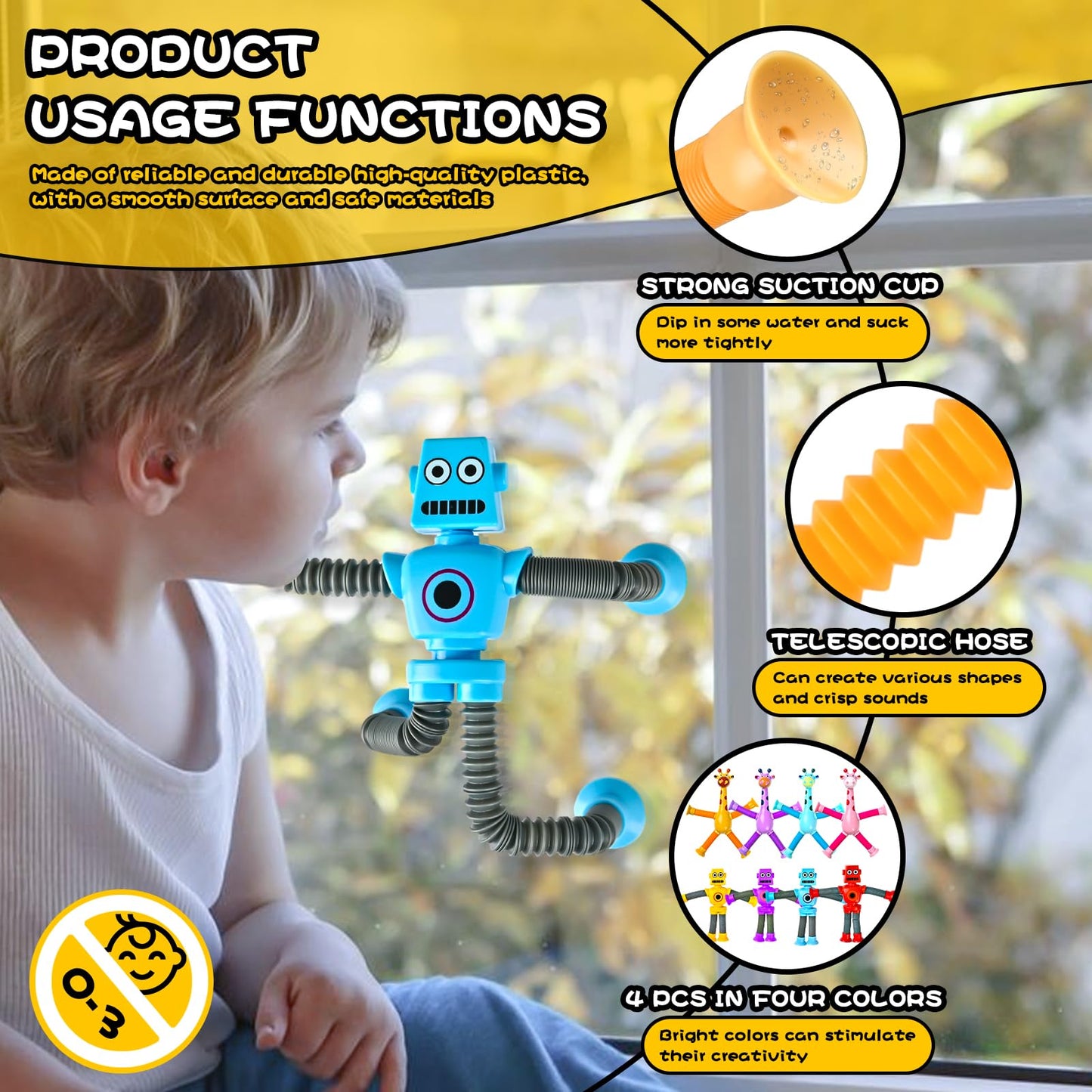 Cheslicr Autism Sensory Toys For Kid Boys Year Old Ages 4 5 6 7 8 9 10(4Pcs), Suction Robot Toy Pop Tube Fidget Toys Autistic Tr