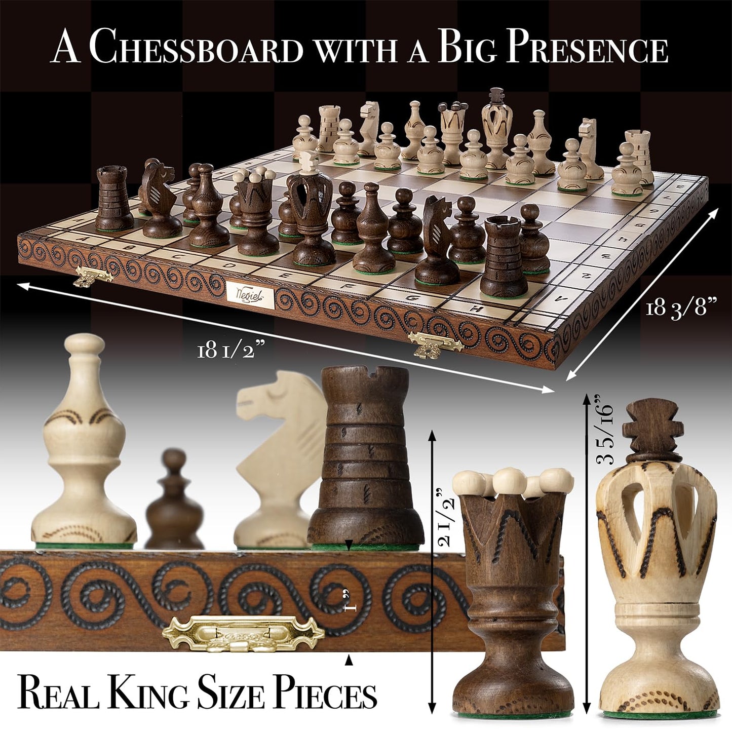 Wegiel Grand Royal Wooden Chess Set - 18" Luxury Handcrafted Beech & Birch - Unique Folding Design for Adults & Kids