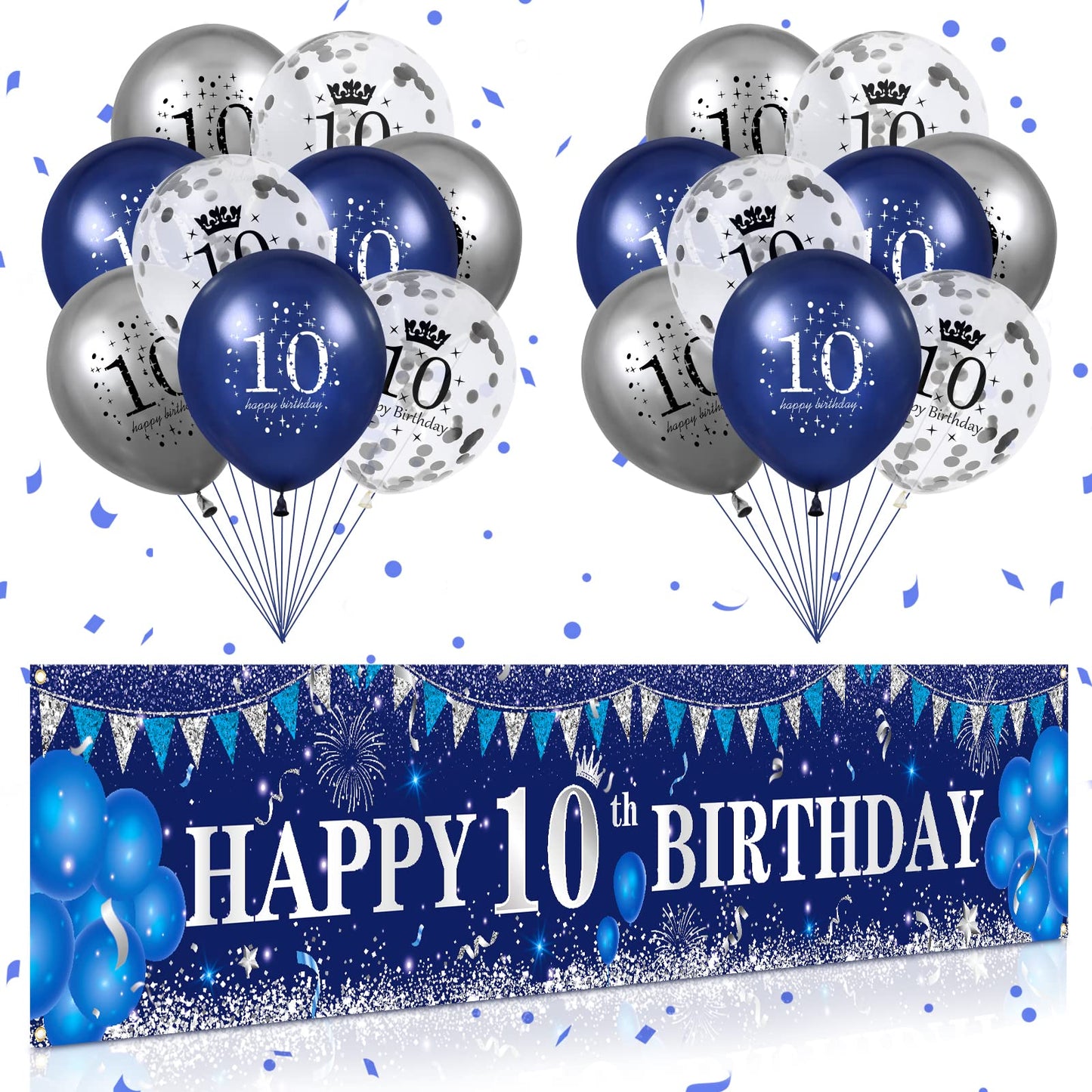 Blue 10Th Birthday Decorations For Boys Girls, Navy Blue Silver Happy 10Th Birthday Banner And 10Th Birthday Balloons For 10Th Birthday Anniversary Party Supplies, Tenth Year Old Party Decorations