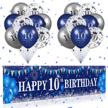 Blue 10Th Birthday Decorations For Boys Girls, Navy Blue Silver Happy 10Th Birthday Banner And 10Th Birthday Balloons For 10Th Birthday Anniversary Party Supplies, Tenth Year Old Party Decorations