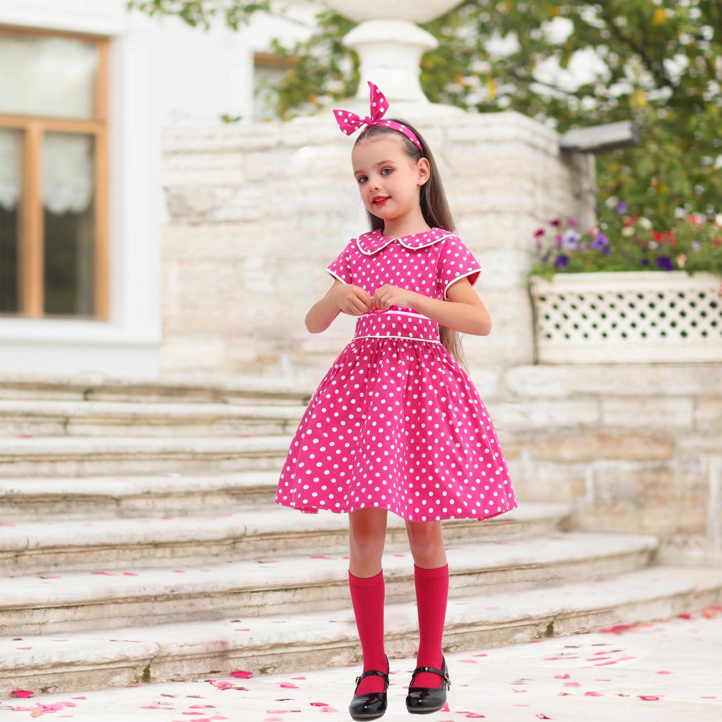 Raberto Girls Vintage 50S Dress, Pink Polka Dot With Headband, Glasses And Socks For Girls 7-8 Years, Large, Rose Red