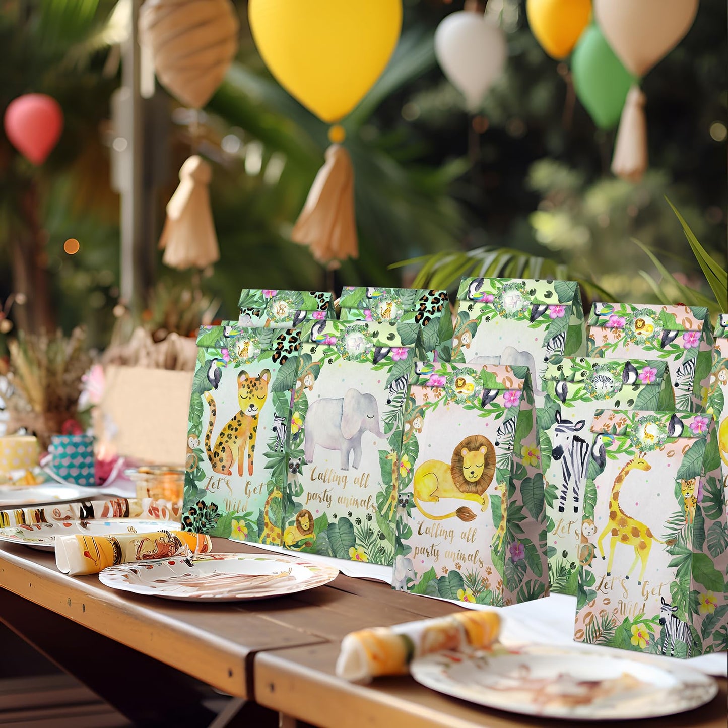 Hapibidesign Watercolor Safari Party Favor Bags - 24 Pcs Jungle Party Candy Bags With Stickers - Jungle Goodie Gift Treat Bags -