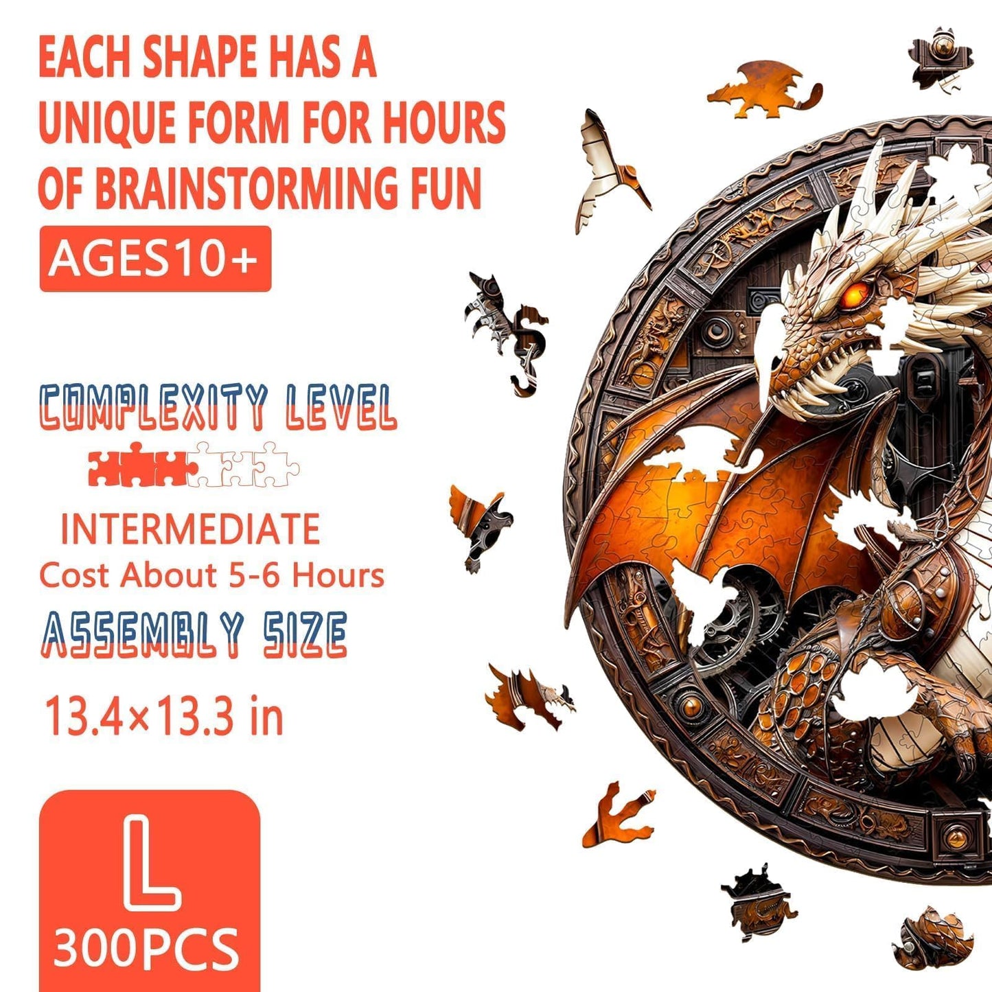 Wooden Puzzles for mature-themeds - Mechanical Dragon Puzzle  Unique Shape Wooden Jigsaw Puzzle  Wood Puzzles mature-themed  Good Gift Idea for Friends and Family (L-13.4 * 13.3in 300 Pieces)
