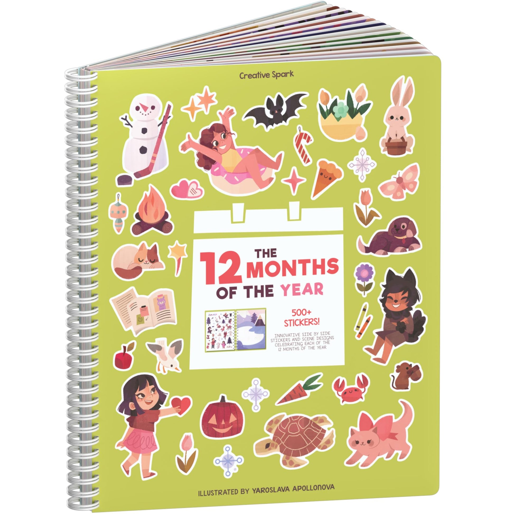 12 Months Sticker + Coloring Book (500+ Calendar Stickers for Kids & 12 Coloring Pages) Side by Side Sticker Activity Book  Fu