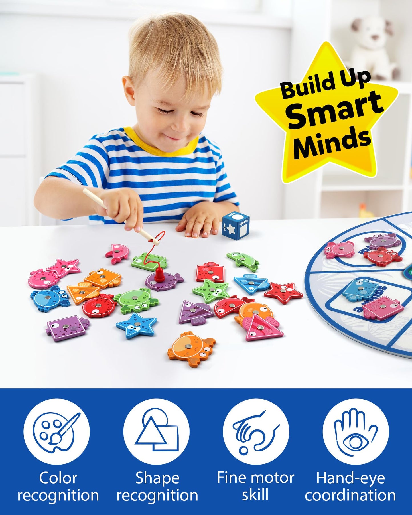 Coogam Wooden Magnetic Fishing Game for Toddlers, Fine Motor Skills, Medium, Colorful, Educational Gift for Ages 3-5