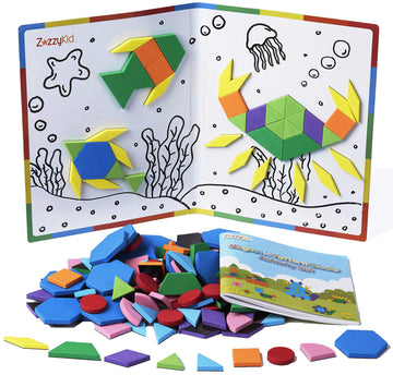Zazzykid Kids Magnetic Pattern Blocks Set: 216 Pcs Geometric Shape Puzzles Tangram - Stem