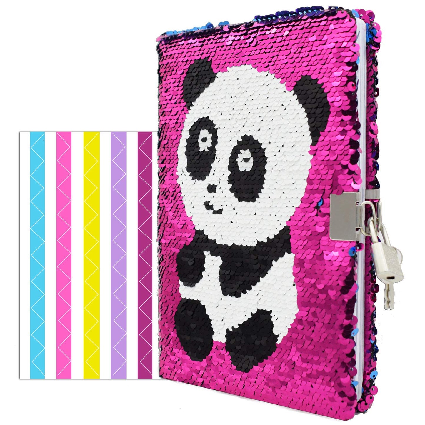 Vipbuy Magic Reversible Sequin Notebook Diary Lined Travel Journal With Lock And Key For Kids Girls, Size A5 (8.5” X 5.5”), 78 Sheets (Panda (Rose Red To Blue))