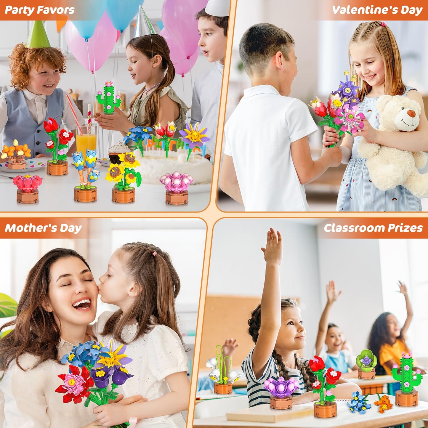 24 Pack Flowers Party Favors For Kids Building Set - 827Pcs Succulents 3.6Mm Mini Building Blocks Toy For Easter Basket Stuffers