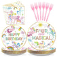 Grencian 96Pcs Unicorn 4th Birthday Party Supplies Magical Pastel Rainbow Unicorn Plates and Napkins Disposable Unicorn Party De