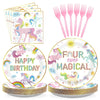 Grencian 96Pcs Unicorn 4th Birthday Party Supplies Magical Pastel Rainbow Unicorn Plates and Napkins Disposable Unicorn Party De