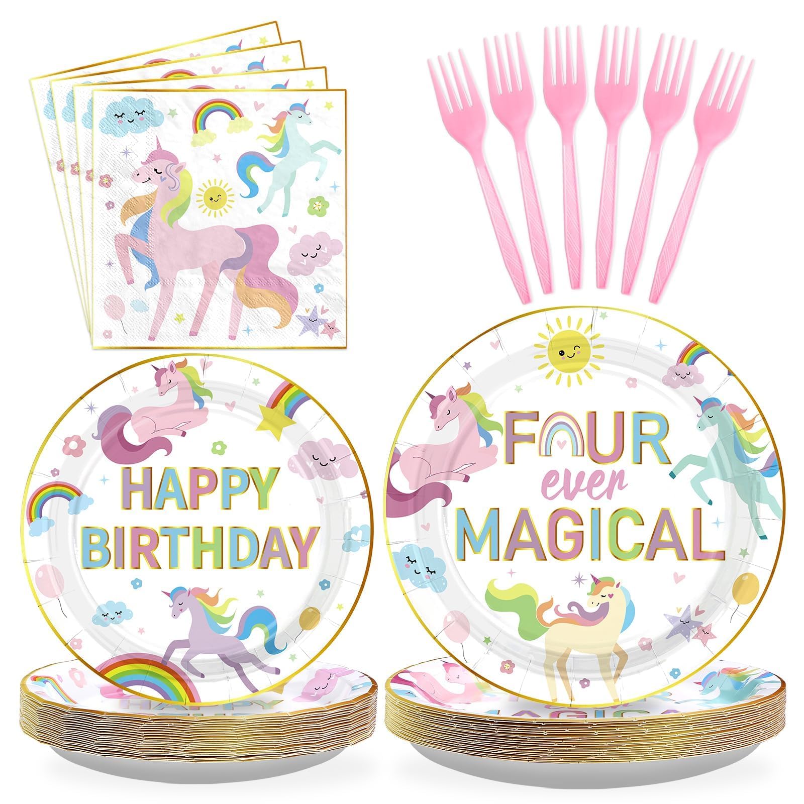 Grencian 96Pcs Unicorn 4th Birthday Party Supplies Magical Pastel Rainbow Unicorn Plates and Napkins Disposable Unicorn Party De