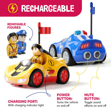 Ninja Blast Rechargeable Remote Control Cartoon Cars for Little Kids, 2 Pack Police & Race RC Car - Toys for 3 4 5 6 Year Old Bo