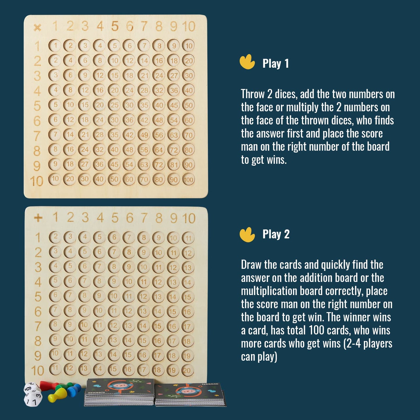 Asweets 2 In 1 Wooden Montessori Multiplication Addition Board Game Montessori Toy Educational Math Table Board Game Double-Sided Boards For Toddlers And Preschool Gifts For Kids